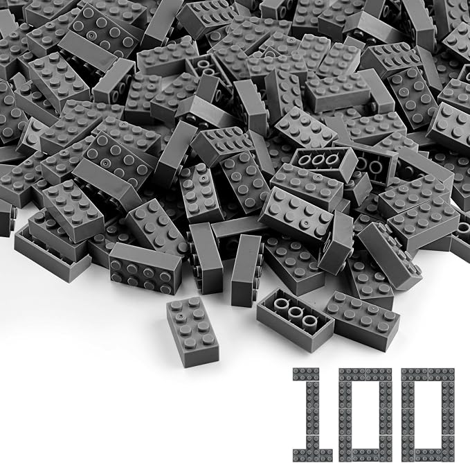 100pcs 2x4 Bricks Dark Gray Pieces Grey Classic Building Blocks Creative Play Set Toy Accessories Compatible with Major Brick Brands