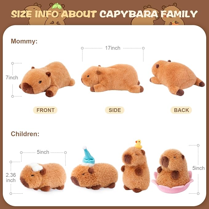 SuzziPals Lotus Capybara Stuffed Animal with Babies Inside, 5PCS Capybara Plush Set with Mommy & 4 Baby Capybaras, Soft Pillow Plush for Bedroom Decor, Birthday Easter Gift for Kids & Capibara Lovers