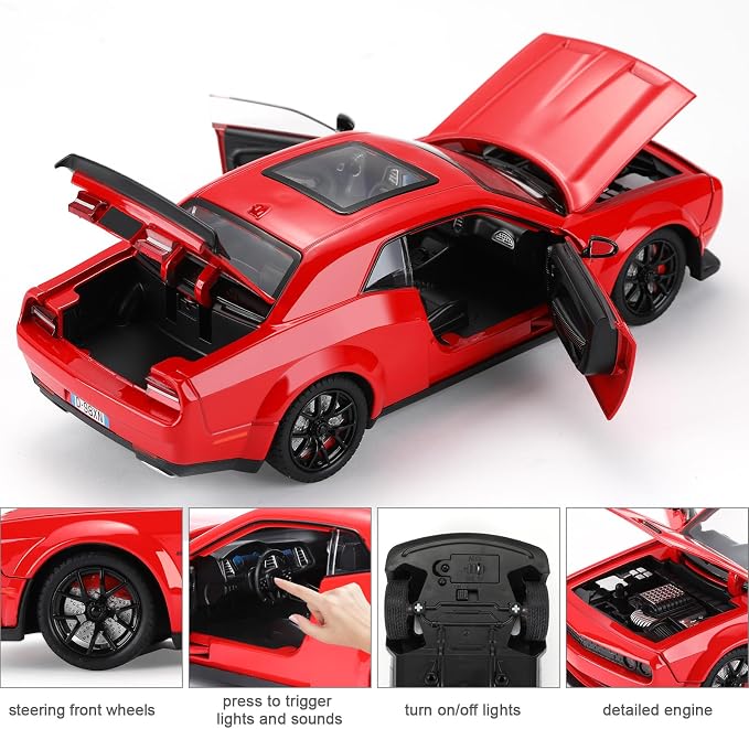 Toy Cars for Boys Age 3-12 1:24 Car Toys Diecast Metal Car Model with Light & Sound Collectable Muscle Cars for 3+ Year Old Kids (Red)