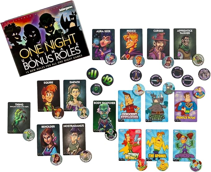 One Night Ultimate Bonus Roles Expansion by Bezier Games | Adds 16 New Roles, Artifact Tokens & Player Number Tokens for One Night Ultimate Werewolf, Vampire, Alien & Super Villains | Ages 14+