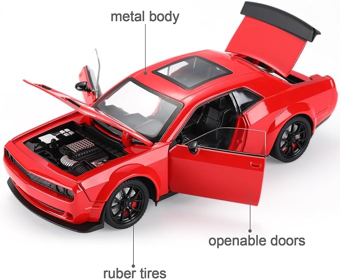 Toy Cars for Boys Age 3-12 1:24 Car Toys Diecast Metal Car Model with Light & Sound Collectable Muscle Cars for 3+ Year Old Kids (Red)