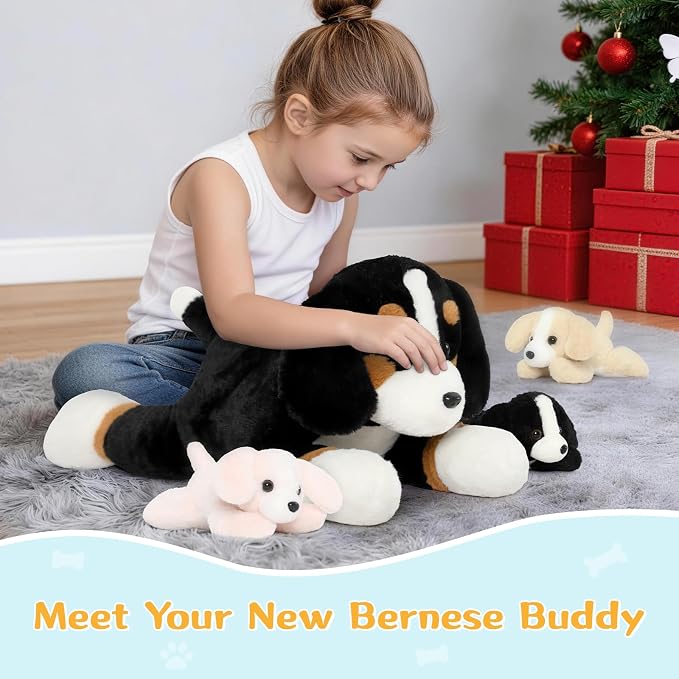 Tezituor Bernese Mountain Dog Stuffed Animal,24 Inch Mommy Dog Plush with 4 Puppies,5-in-1 Realistic Plush Dog with Zipper,Large Stuffed Dog Toy Gift for Kids,Girls,Boys,Dog Lovers Christmas Birthday