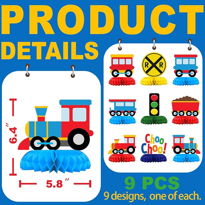 9 Pack Train Table Decorations - Train Party Decorations for Kids' Birthday and Baby Shower - Train Table Toppers
