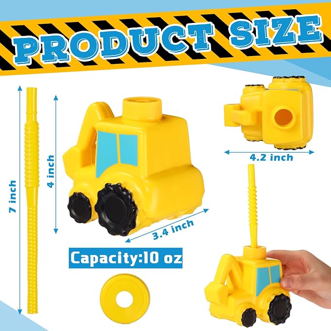 Tanlade 24 Set Excavator Truck Cups with Straws, Tractor Birthday Party Decorations 10 oz Plastic Excavator Shape Cup Reusable Cups Construction Themed Party Favor for Kids Construction Car