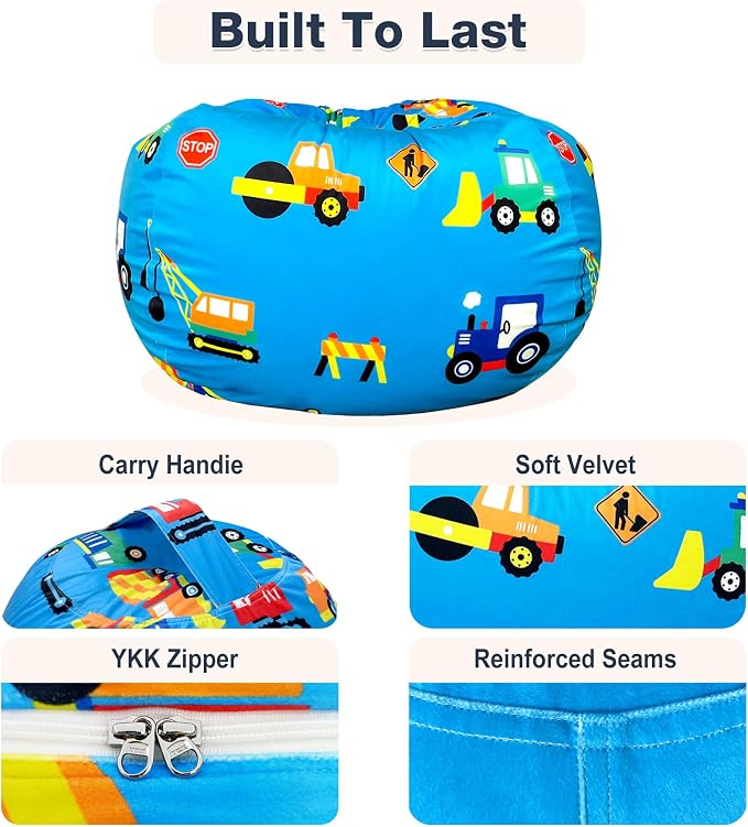 Lukeight Stuffed Animals Storage Bean Bag Chair Cover for Kids and Teens, Cozy Velvet Plush Toy Organizer Seat, Cover Only, No Filling Included, Long YKK Zipper, Side Pocket, XX-Large 36 x 20 in