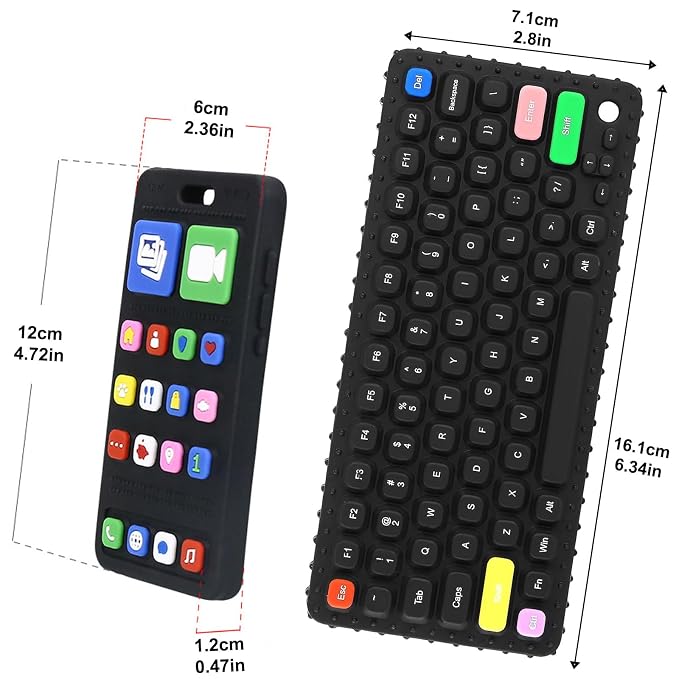 Baby Silicone Teething Toys, Phone and Keyboard Teether Toys for Toddlers 3-18 Months, Boys Girls Babies Teething Toy, Baby Chew Toy, Freezer BPA Free (PhoneKeyboard)