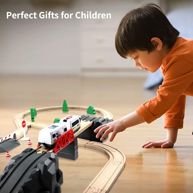 WOOD CITY Battery Operated Train for Wooden Track, Electric Locomotive Train Set with Powerful Engine Compatible with Thomas, Brio, Chuggington, Bullet Car Toys for Toddlers 3 4 5 Year Olds
