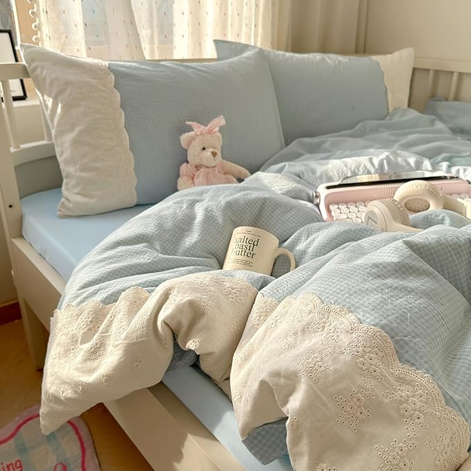 LifeTB Twin XL Comforter Set Blue Gingham Comforter with 2 Pillowcases Princess Lace Style Blue Plaid Grid Comforter Lightweight Soft Gingham Bedding Vintage Plaid Checkered Comforter Set Twin XL