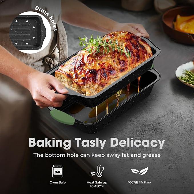 11-Piece Nonstick Bakeware Set, Stackable & Oven-Safe Kitchen Baking Pans with Silicone Handles - Includes Cookie Sheet, Cake Pan, Muffin Tin, Pizza Stone & Bread Loaf Pan, Dark Green&Black