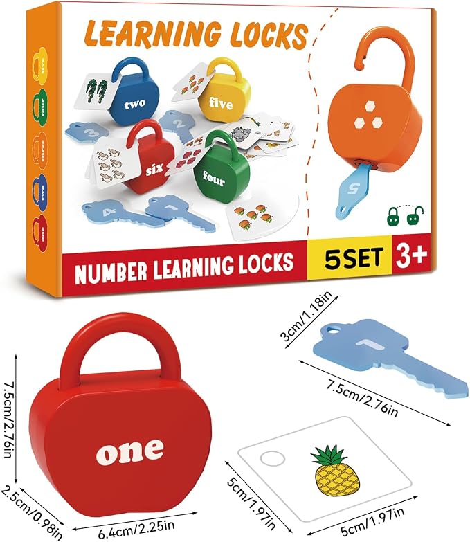 Montessori Lock and Key Toddler Toys, Cause and Effect Sensory Learning Toys for 1 2 3 Year Old, Number Counting & Matching Game, Fine Motor Skills Preschool Travel Activities