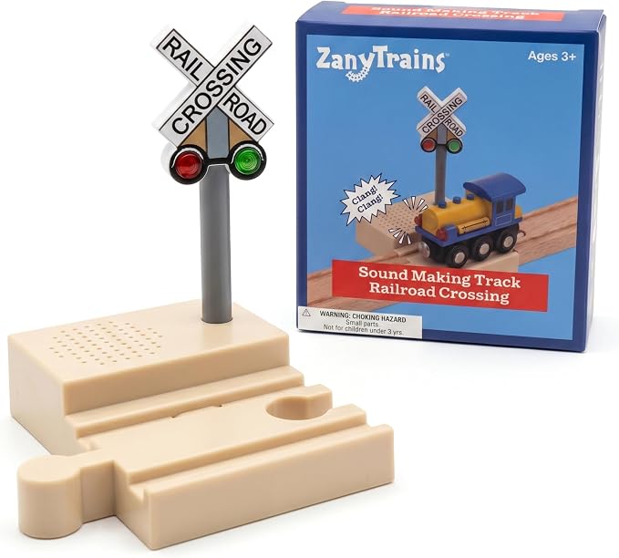 Sound Making Wooden Railroad Crossing Signal | Train Crossing Track Compatible with All Major Wooden Railway Train Track Sets | Battery-Powered Train Track Accessories Wood Layout