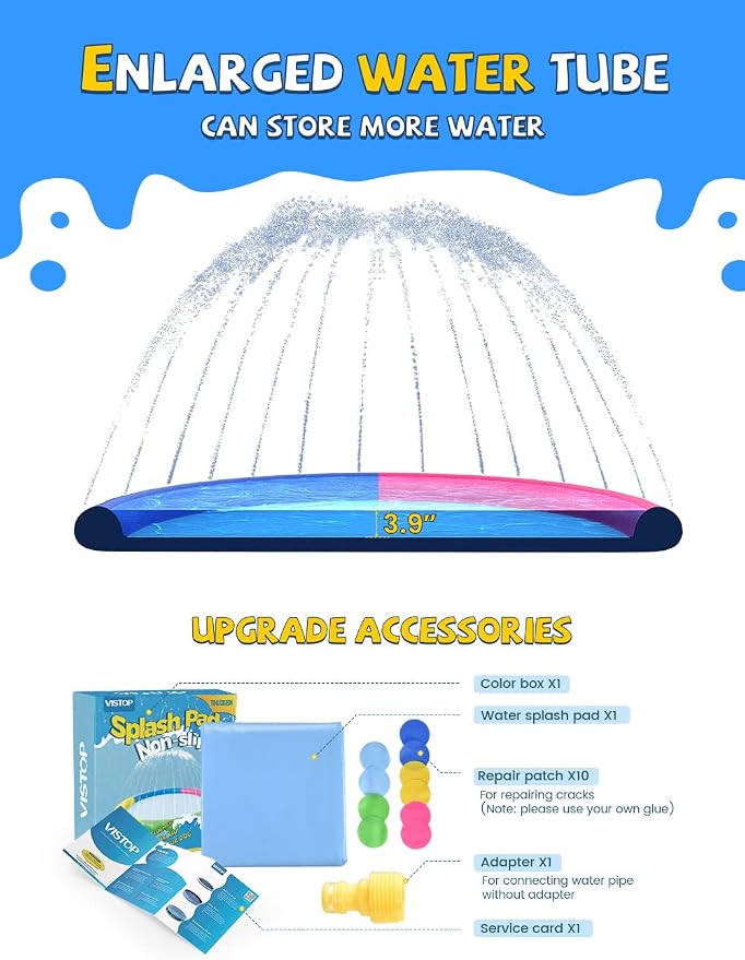 VISTOP Non-Slip Splash Pad for Kids and Dog, Thicken Sprinkler Pool Summer Outdoor Water Toys - Fun Backyard Fountain Play Mat for Baby Girls Boys Children or Pet Dog (97 inch, Red&Yellow&Green&Blue)