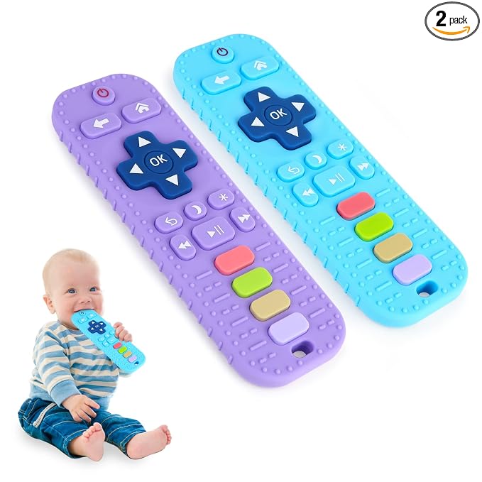 Hooku 2 Pack Remote Teether for Baby, Silicone Teethers for Babies 6-12 Months, Baby Teething Toys for Babies 0-6 Months, Sensory Toys for Babies, Toddler Infant Newborn Toys Baby Gifts for Boys Girls