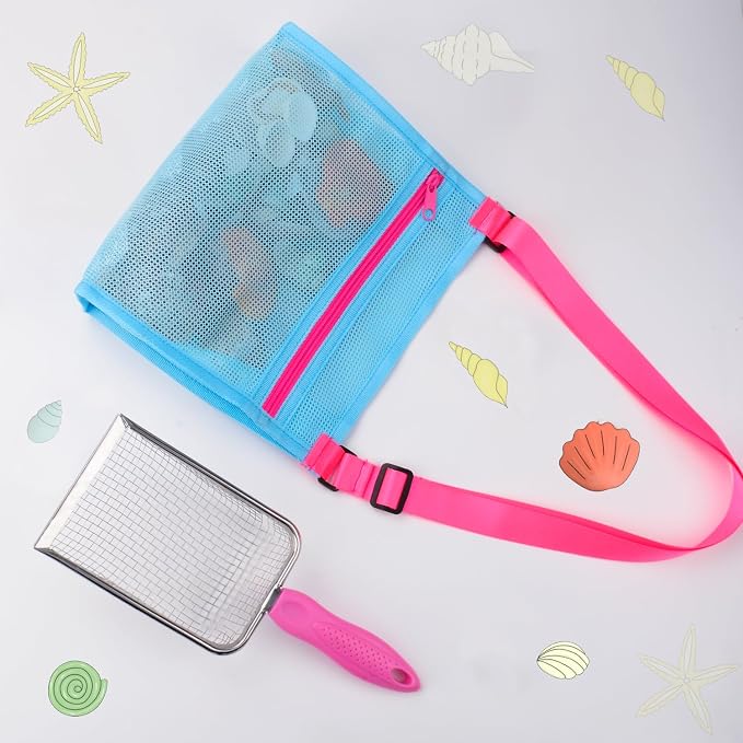 MUYIZI Beach Mesh Shovel with Mesh Beach Bag for Shell Collecting, Kids Sand Sifter for The Beaches,Shell Scooper for Beaches,Shark Tooth Sifter Dipper,Sea Shell Bags for Kids,Sand Toys (Yellow+Blue)