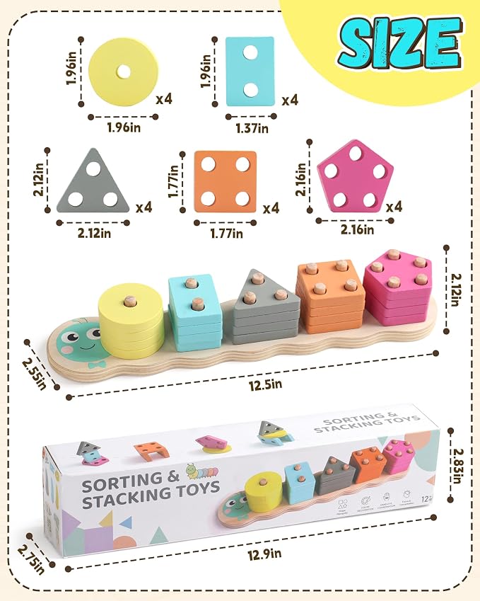 Zeewoo Montessori Toys for 1 2 Year Old Girl Gifts Educational for 1-3 Year Old Caterpillar Wooden Shape Sorter Stacking Toys for Toddlers 2-4 Preschool Learning Toy Birthday Boy Girl Gift