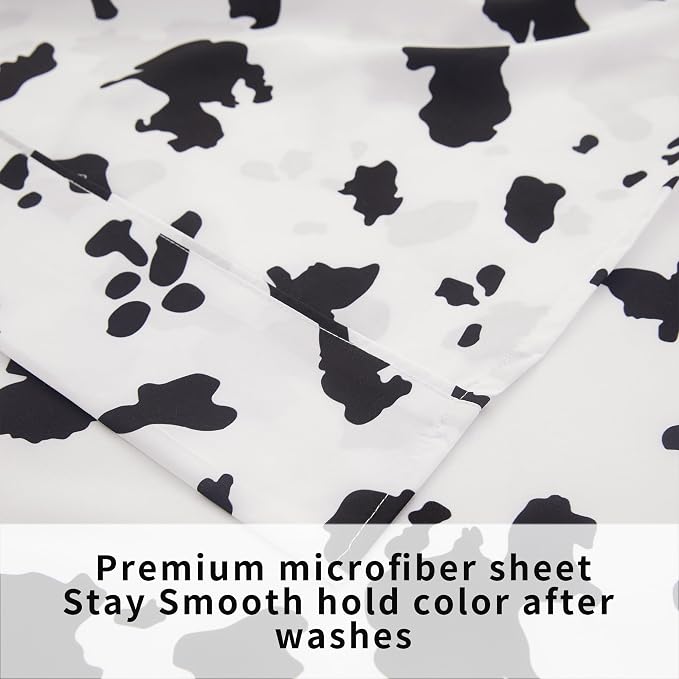 Viviland 3 Pieces Boys Girls Black White Twin Sheet Set - Soft Microfiber Fitted Flat Sheets & Pillowcase - Cute Farm Animal Cow Printed Bedding Sets - for Kids & Toddlers