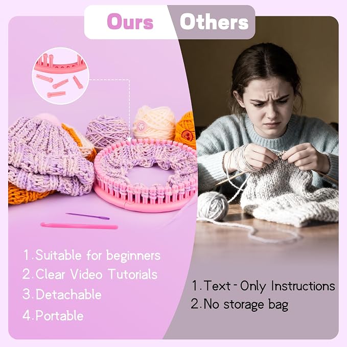 PREBOX Knitting Loom Craft Kit for Kids & Beginners - Create Hat & Scraf with Yarn, Hook Needle, Birthday Gifts Ideas for Teens Girls Age 6-8 8-12 14+, Pink Loom