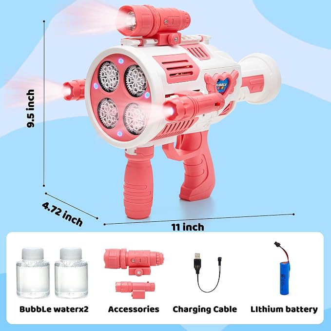 Bubble Gun with Upgraded 4 Fan Drives (Bulit-in 3 oz Bubble Solution), Bubble Machine Gun for Kids Toddlers Adults, Automatic Bubble Blower for Summer Outdoor Party Birthday Wedding Toys