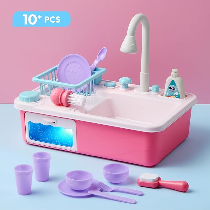 lalalark Color Changing Play Sink with Running Water, Toddler Sink with Electric Dishwasher, Chopping Sounds and Automatic Water Cycle System, Water Table for Toddlers 1-3 Birthday Gift