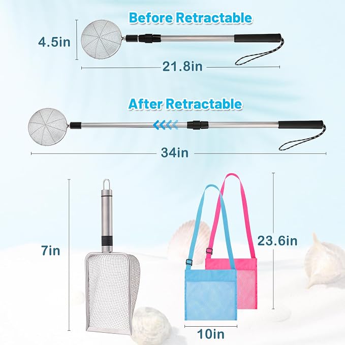 Biggun 2 Pack Shark Tooth Sifter with Seashell Bags, 21.8in~34in Adjustable Sand Sifter & Beach Shovel, Beach Sand Toys for Kids Adults Picking Up Shells Girls Boys Gifts