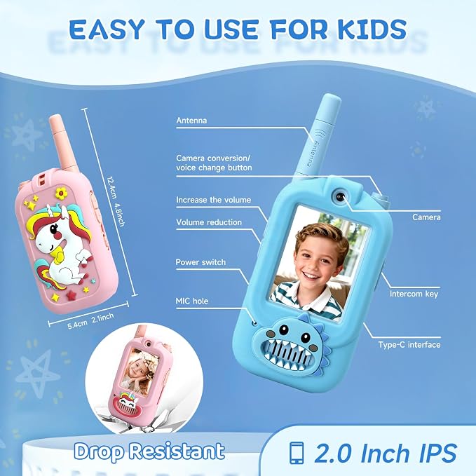 Video Walkie Talkies for Kids, Handheld 2 Pack Rechargeable Video Intercom Kids Walkies Talkies, Indoor Outdoor Toys for Family Games, Outside, Camping, Hiking for Boys Girls Ages 3-12 (bd/pu co)