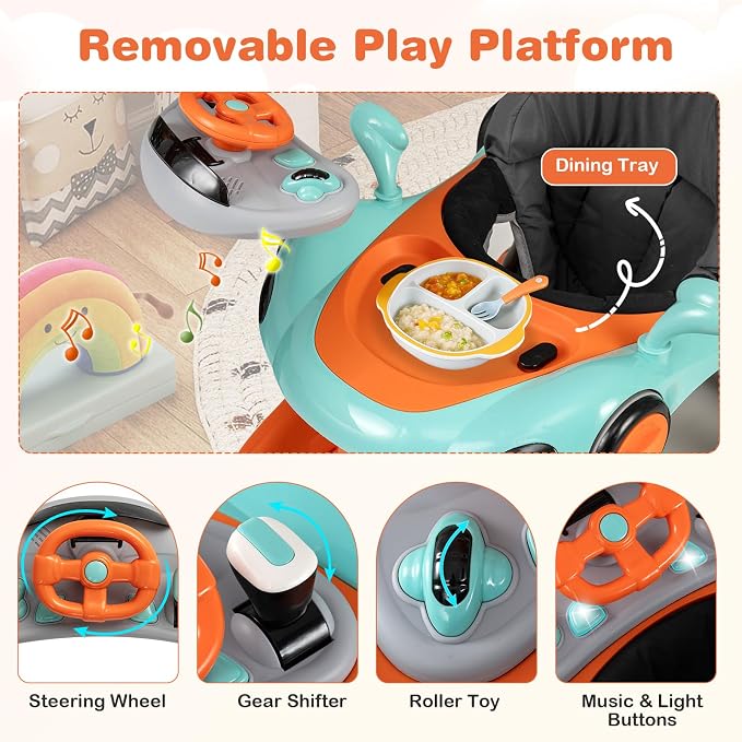 BABY JOY 7-in-1 Baby Walker, Foldable Baby Walker and Bouncer Combo with Handle, Adjustable Height & Speed, Music, Lights, Rocker/Push Mode, Baby Walker with Wheels for Boys Girls 7-18 Months (Orange)