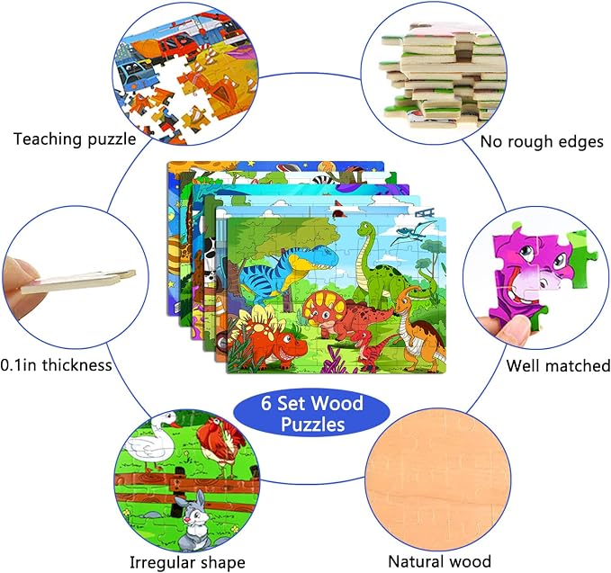 Puzzles for Kids Ages 4-8, 6 Pack Wooden Jigsaw Puzzles 60 Pieces Preschool Educational Learning Toys Set for Boys and Girls