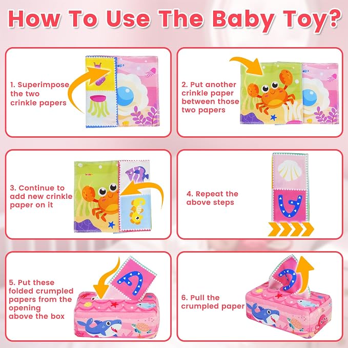 Baby Tissue Box Toy - Baby Girl Toys Montessori Toys for Babies 6-12 Months - Soft Stuffed High Contrast Crinkle Infant Sensory Toy 6 7 8 9 10 11 12 Months Old Gifts Pink