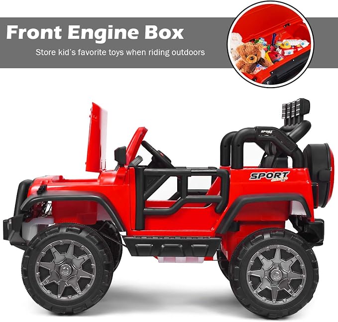 Costzon 2-Seater Ride on Truck, 12V Battery Powered Electric Vehicle Toy w/Storage, Remote Control, 3 Speed, LED Lights, MP3, Horn, Music, 2 Doors Open, Spring Suspension, Ride on Car for Kids (Red)