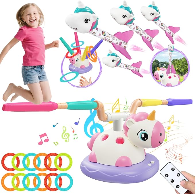 Unicorn Stomp Rocket Launcher for Kids Ages 3-8, 3-in-1 Outdoor Toys for Girls with Musical Jumping Game, Ring Toss, Remote Control, Birthday Gift for Screen-Free Active Backyard Outdoor Play