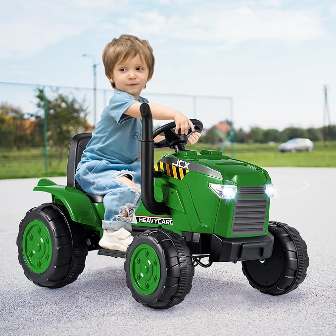 Costzon 2-in-1 Ride on Tractor, 12V Kids Ride on Car w/Detachable Trailer, Remote Control, Wireless Connection, Horn, Music/Lights/Spring Suspensions, Tractor Toys for Kids (Plastic Tires, Dark Green)