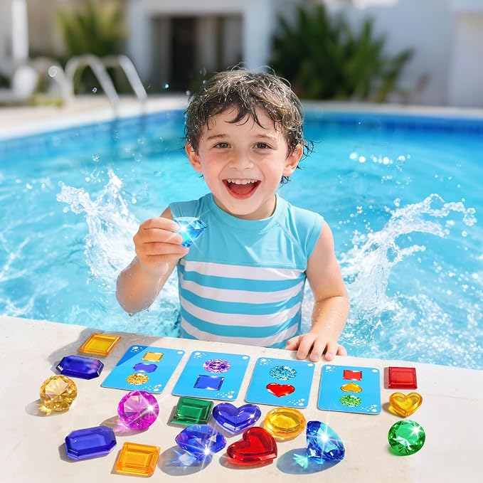 DISHIO Diving Toys for Kids, Seek Treasure Underwater Pool Gem Hunt Pool Game with 60PCS Sinking Gems, Pirate Treasure Chest, 35PCS Game Cards, Summer Swimming Pool Toys for Toddlers Kids Age 3-10