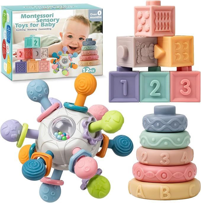 Baby Sensory Teething Toys Set, Montessori Baby Toys 6-12 Months, Incl Newborn Rattle Teether & Baby Blocks & Soft Stacking Rings, Ideal Babies Boy Girl Gifts, Infant Toys 0-3-6-9-12-18 Month