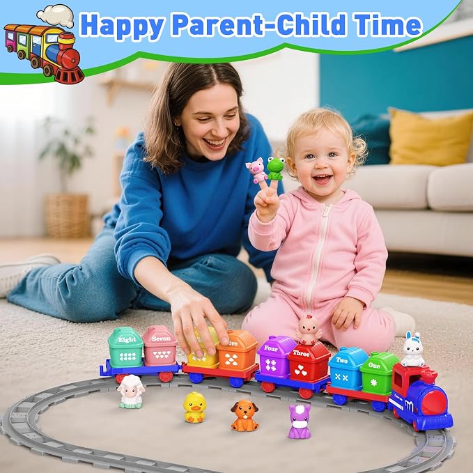 Train Set for Toddlers 2-4, Electric Toddler Train Set with Farm Animals, Music & Lights, Montessori Counting & Sorting Learning Toy, Birthday Easter for Boys Girls (Blue)