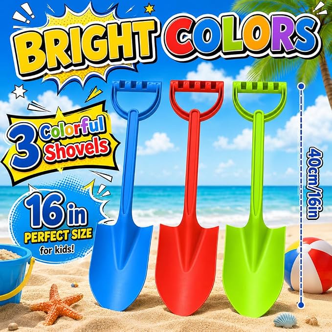 16" Beach Shovel Spade Scoop Sandbox Toy, Heavy Duty Shovel Garden Digging Sand Toy for Adults, Water Pool Bathtub Toy for Kid 4-8 8-12 Gift, Summer Vacation Camping Travel Essential - Blue Red Green