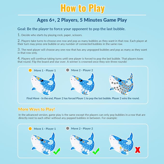 Shark Pop Fidget Toy for Kids & Adults, 8.74"x7.87" Large Silicone Sensory Bubble Toy for Stress Relief & Focus, Tie-Dye Blue Push Popper for ADHD Autism Anxiety, Reusable & Washable Press Toy