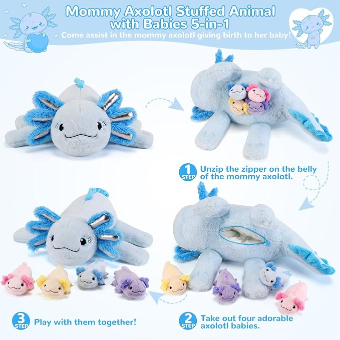 gnomantic Axolotl Stuffed Animals with Babies Inside, Mommy Toy for Kids | 5-Piece set: 1 mommy axolotl + 4 baby axolotls inside. Unzip belly to reveal surprise babies. Ultra-soft, ages 3-8.