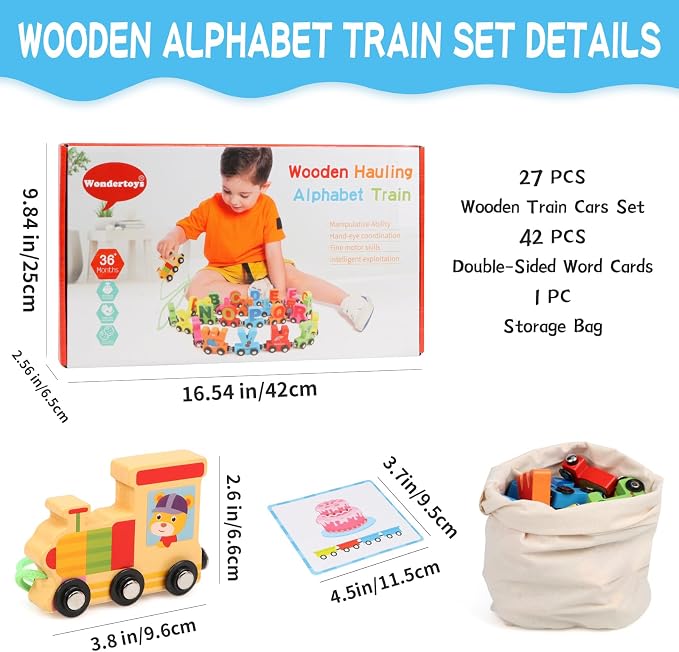 Wondertoys Wooden Alphabet Train Toy 27 PCS Magnetic Alphabet ABC Letter Train Set Includes 42 PCS Flash Cards, 1 Engine and 1 Storage Bag for Toddlers Kids Boys and Girls
