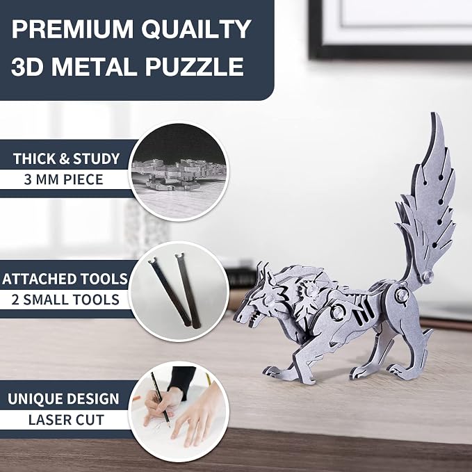 Microworld 3D Metal Puzzle, Mechanical Wolf 3D Metal Model Kits, Steel Warcraft Collection DIY Animal Brain Teasers Simple 3D Puzzles Home Decor Art Craft Gifts Toys for Adult Teens