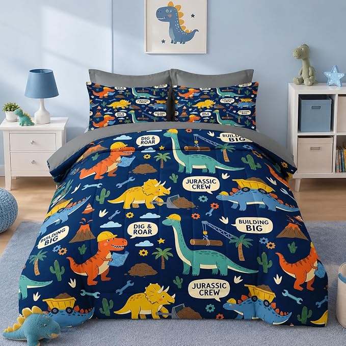 Nesker Dinosaur Comforter Set Full Size, 7 Pieces Bed in a Bag, Blue Dinosaur Bedding Set for Boys, Construction Excavator Comforter Set with 2 Pillowcases & 2 Shams