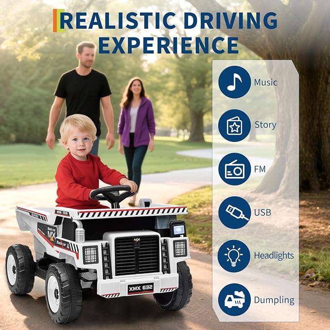 Garvee 12V Ride On Dump Truck for Kids, Ride On Car with Remote Control, Construction Vehicles with Dump Bed & Shovel, Ride-On Toys 16.5 in Spacious Seat, Music, Headlights, Soft Start, White