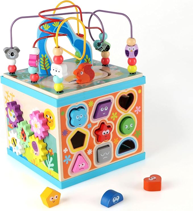 Qilay 5-in-1 Wooden Activity Cube for Toddlers 1-3(Large),Multipurpose Toddler Activity Center with Bead Maze & Shape Sorter, Early Educational Toy First Birthday Present for Boys Girls