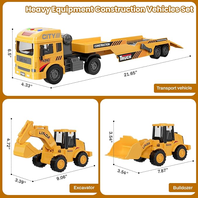 3-in-1 Excavator Bulldozer Engineering Semi-Truck Toy Set for Boy Gift Age 3 4 5 6 7 Large Transport Vehicle Road Trailer Truck Loader Kids Play Inertia Construction Toy Toddlers Digger Sound Light
