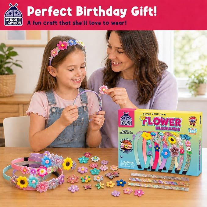 PURPLE LADYBUG Flower Headband Making Kit for Girls - Summer Toys for Kids Ages 4-8, Summer Crafts for Kids, 6 Year Old Girl Birthday Gift, Hair Accessories for Girls, Decorative Craft Activity Set