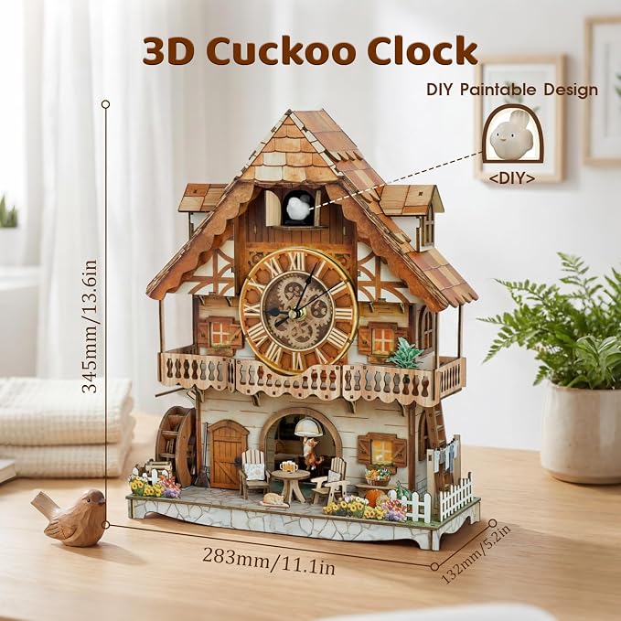 DIY Cuckoo Clock 3D Wooden Puzzle for Adults- German Pastoral Cottage Model Kit with Real Bird Call, 170PCS Miniature Dollhouse Wall Clock Home Decor, Unique Father's Day & Graduation Gifts