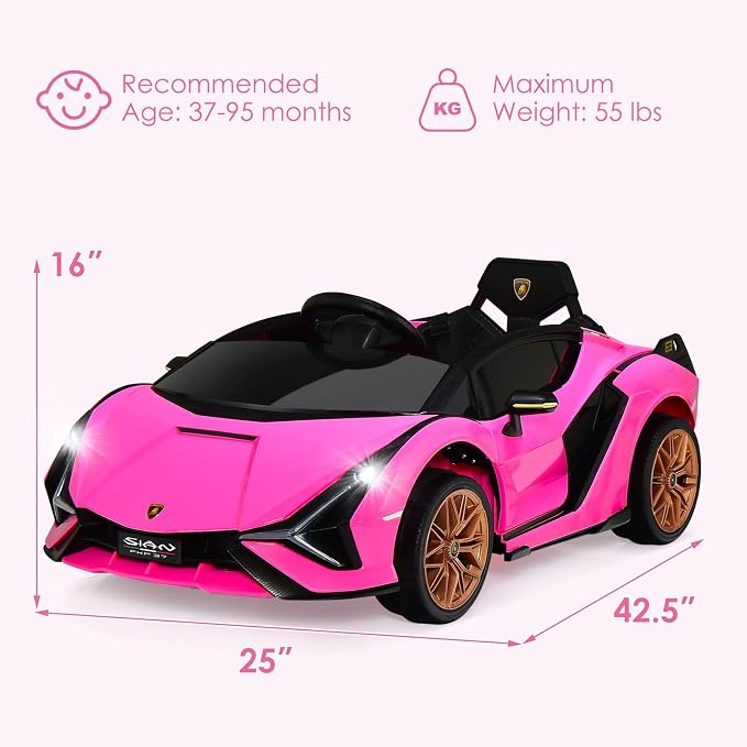 OLAKIDS Kids 12V Licensed Lamborghini SIAN Ride On Car, Electric Vehicle for Toddler with Control Remote, Battery Powered Toy with Music, Horn, 2 Speeds, Suspension, LED Lights, Bluetooth, USB (Pink)