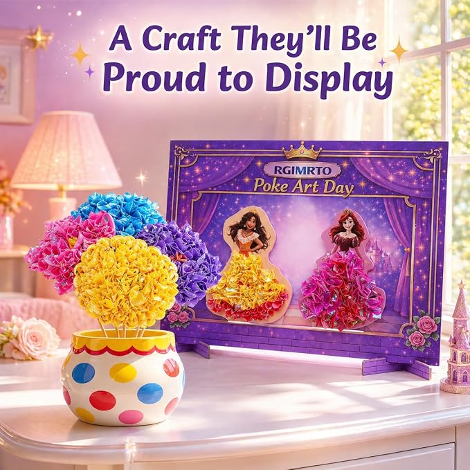 RGIMRTO Poke Art Craft Kit for Kids, 2-in-1 7 Princess +10 Flowers Craft Set with Display Board, Mess Free Craft Activity Birthday Gift for Girls Ages 4, 5, 6, 7, 8, 9,