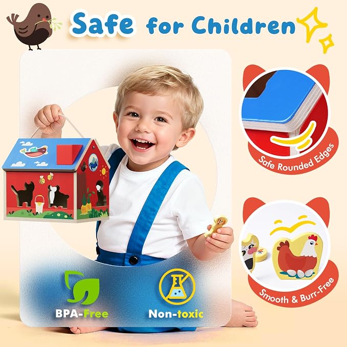 Wooden Barn Shape Sorter Montessori Farm Animal Toys for Toddlers, Educational Pretend Play Barn with Flip-Open Roof & Handle, 12 Animal Blocks, Birthday for 2-4 Boys Girls