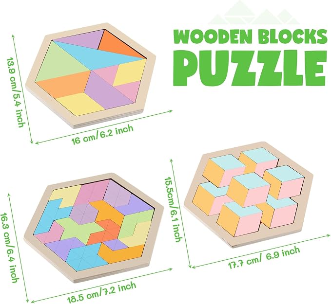 Yunsailing 3 Pack Large Wooden Blocks Puzzles Hexagon Tangram Puzzle Wooden Russian Brain Puzzles for Adult Challenge Teasers Geometric Jigsaw Logic Iq STEM Educational Gift Graduation(Fresh)