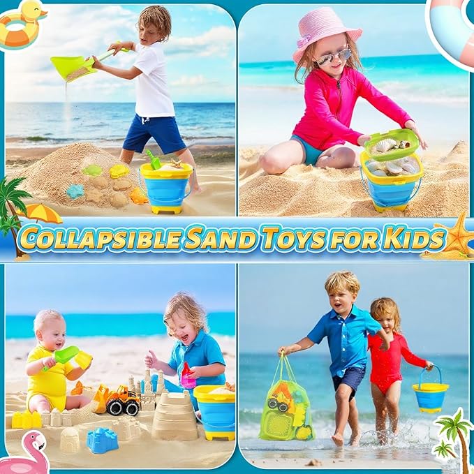 Collapsible Beach Sand Toys for Kids, Sandbox Toys Includes Bucket, Sand Shovel, Beach Sifter, Castle Molds, Toddler Beach Toys with Mesh Bag, Summer Travel Outdoor Beach Essentials for Kids Girls